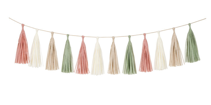 Delicate pastel-colored tassel garland, crafted from paper raffia, hangs gracefully on a string against a clean white background