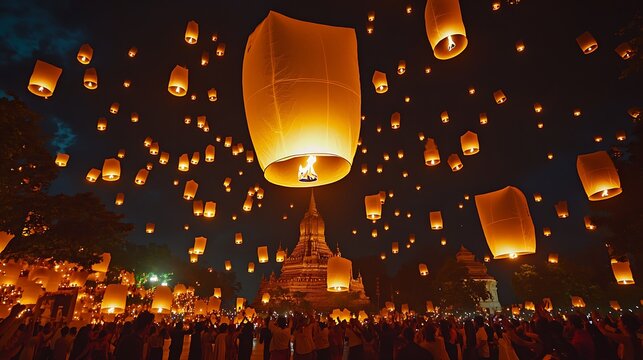 Yi peng lantern festival in chiang mai thailand illuminated sky with traditional pagoda and crowd