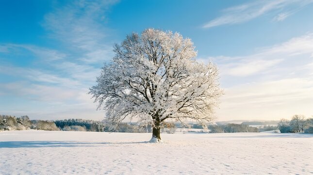 Panorama of a snow covered tree in a winter landscape with a bright blue sky