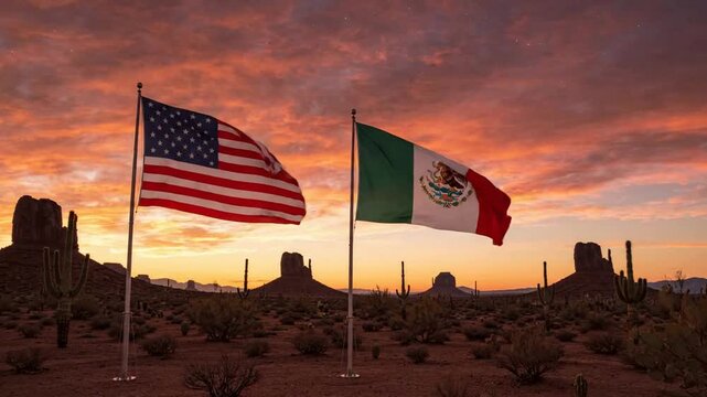Usa and mexico flags waving together in desert landscape at sunset international relations and border concept