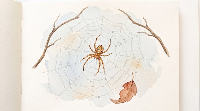 Watercolor spider on web illustration, delicate hand painted arachnid with twigs and autumn leaf, soft earth tones on white paper background, vintage nature sketch