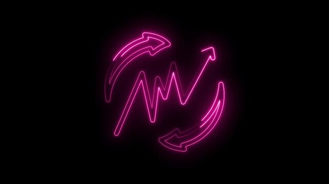 Neon pink graph arrow cycle icon pulsating glowing animation on black background abstract