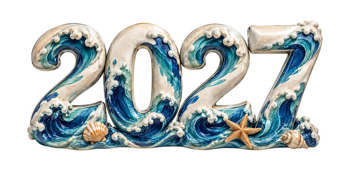 2027 New Year Number Design with Ocean Waves and Seashells