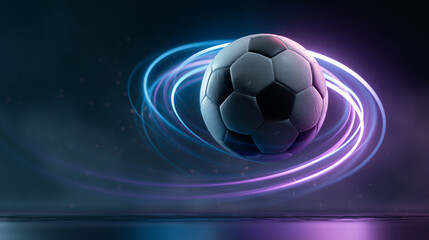 Fototapeta premium Soccer ball moving through air surrounded by dynamic trails of glowing blue and purple light for athletic motion graphics.