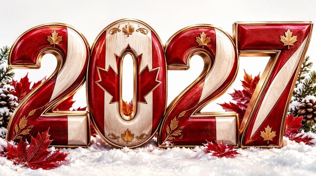 2027 New Year Celebration Design with Canadian Flag and Maple Leaves