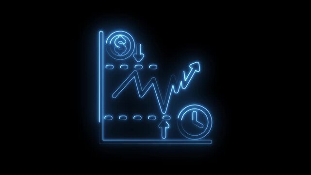 Neon blue financial graph icon with dollar coin up arrow down arrow and clock symbol isolated on