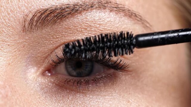 Woman applying black mascara on eyelashes with brush. Closeup macro of blue eye and makeup process. Cosmetics beauty tutorial concept