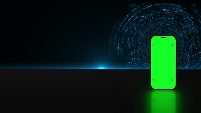Smartphone green chroma key display stands blue circular digital waves futuristic background. 19 ads, app launches, mobile promos, screen replacement, cyber visuals, presentations, compositing