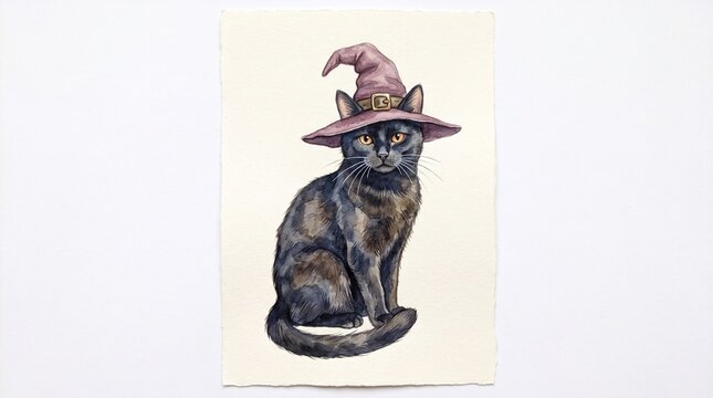 Black cat watercolor illustration wearing purple witch hat, mystical feline portrait on textured paper, hand drawn halloween art for greeting cards and decor