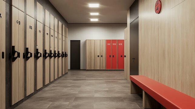 Modern gym locker room interior with wooden lockers and red accents realistic 3d rendering