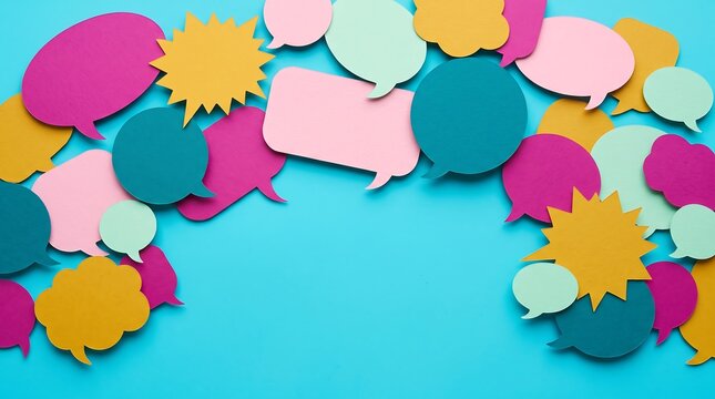 Top view of colorful paper speech bubbles arranged in a semicircle on a bright blue background with copy space for text