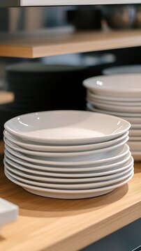 Stacked ceramic dinner plates on a wooden shelf in a modern kitchen display setting