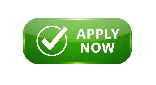 Green glossy apply now button with check mark icon isolated on transparent background