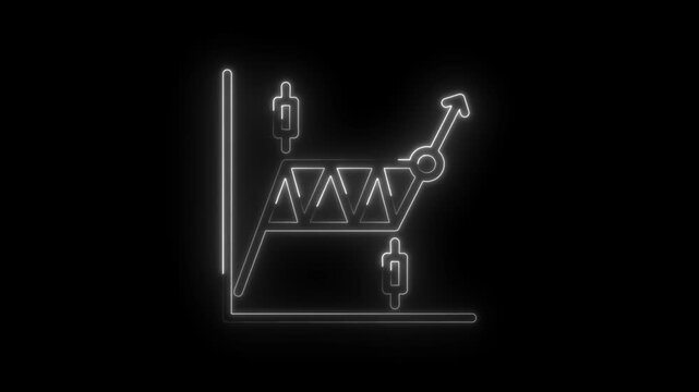 Neon glowing financial chart with upward trending arrow and candlestick indicators icon