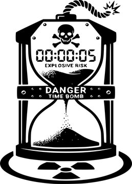 Black and White Danger Countdown Hourglass Silhouette: Explosive Risk Vector, Time Bomb Timer Icon