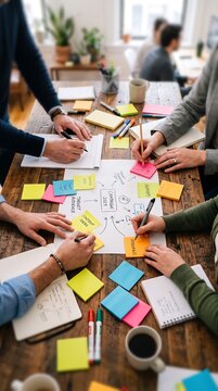 A team of diverse professionals collaborating around a rustic wooden table, brainstorming marketing strategies with colorful sticky notes, notebooks, and pens, viewed from a topdown perspective