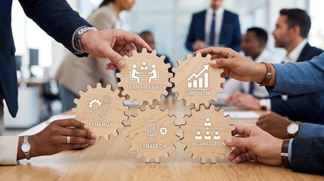 Business people connecting wooden gear wheels with business icons representing teamwork, growth, strategy, synergy, and organization in a professional office meeting