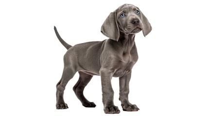 Cute purebred weimaraner puppy dog standing profile view isolated on transparent background. © Lewis