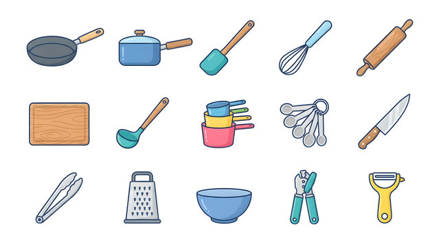 Set of kitchen utensil icons, including frying pan, saucepan, spatula, whisk, rolling pin, cutting board, ladle, measuring cups and knife