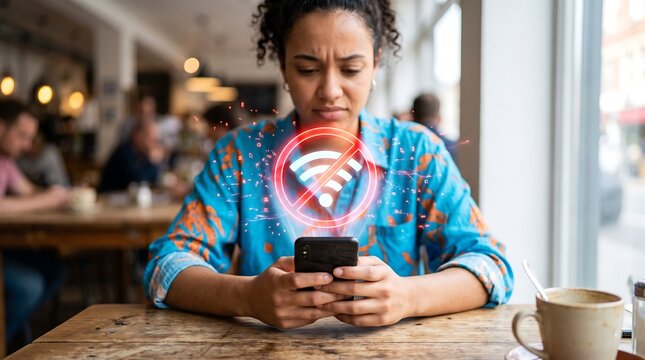Frustrated woman looking at her smartphone in a cafe with a holographic no wifi connection symbol floating above the screen