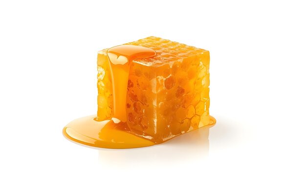 Golden honey dripping from a freshly cut honeycomb cube on white background