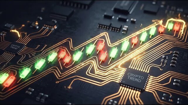 Digital trading candlestick chart on motherboard crypto trend motion graphics loop.