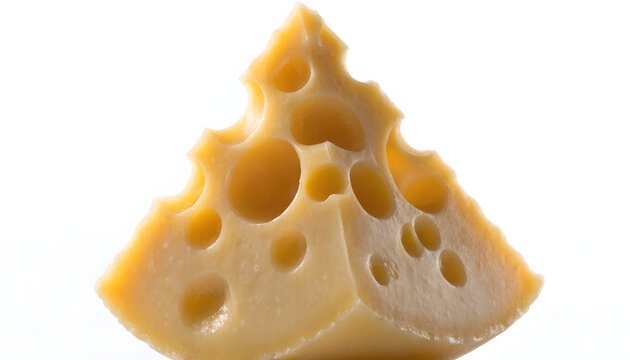 Fresh wedge of emmental cheese with distinctive holes on white studio background