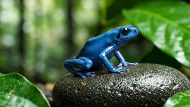 Stunning Blue Poison Dart Frog Sitting on Wet Stone in Tropical Rainforest Habitat