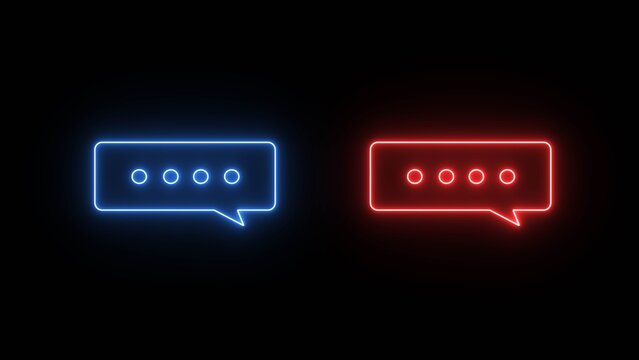 Neon Chat Bubble Typing Indicator Icons Set, Glowing Blue and Red Message Symbols on Black Background