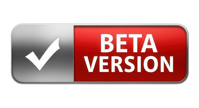 Red rectangular beta version button with a white checkmark icon isolated on transparent background