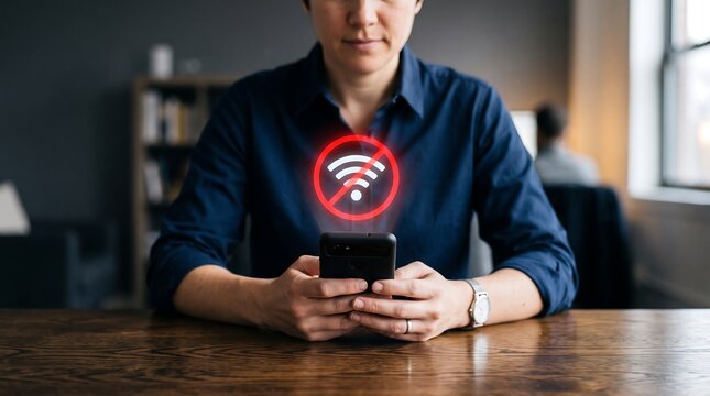 A person in a dark blue shirt holds a smartphone with a bright red no Wi-Fi symbol visible above the device in an office setting.