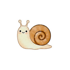 Cute cartoon snail with a spiral shell and a smiling face isolated on white background. Hand-drawn watercolor nature animal mollusc illustration © NOORNABILA