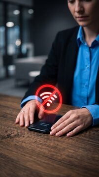 A woman in a dark blue shirt places her hands on a smartphone with a glowing red no Wi-Fi symbol hovering above it.