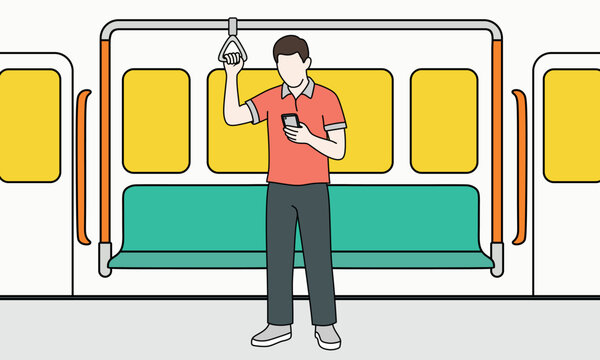Man standing in a metro train car, holding a handrail and using a smartphone. Flat illustration showing daily commuting, public transport and urban travel lifestyle concept.