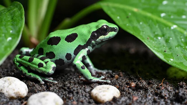 Green and Black Poison Dart Frog Sits Still on Wet Soil Among Lush Green Tropical Leaves in Rainforest Terrarium