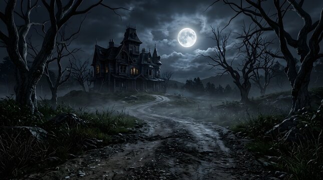 Haunted castle silhouetted against a full moon in a dark and eerie forest