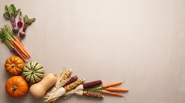 A selection of fresh autumn vegetables including pumpkins, butternut squash, carrots, beets, and dried corn arranged in the bottom left corner on a light gray background