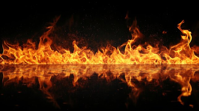 Intense flames reflection dramatic fire display with glossy black surface and sparkling embers