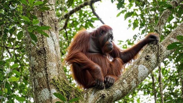 Wild Orangutan Resting on Tree Branch in Tropical Rainforest Habitat