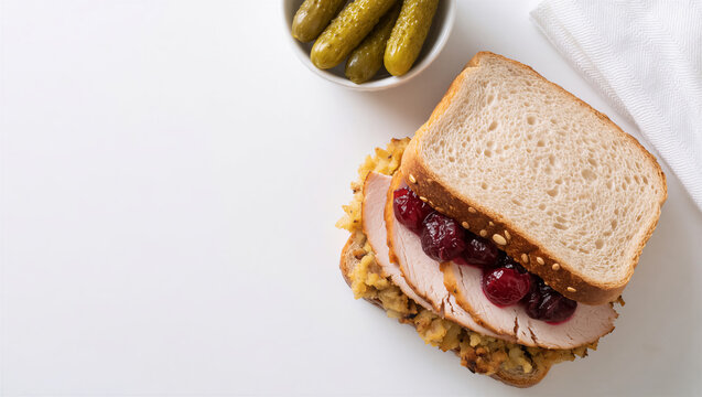 Top view of a turkey sandwich with cranberry sauce and stuffing on a white background. Served with a side of pickle and copy space