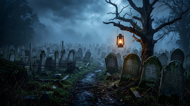 A dark and eerie graveyard at night, illuminated by a single glowing lantern hanging from a gnarled, bare tree, with countless weathered tombstones under a cloudy sky.