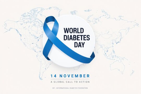 World diabetes day 14 november blue ribbon and global call to action with idf text.