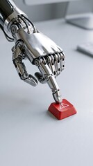 Fototapeta premium A detailed metallic robotic arm with articulated fingers is pressing a red button with a warning symbol indicating a critical alert.