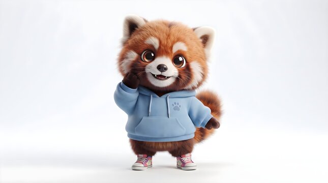Cute red panda character wearing a casual hoodie and standing upright on a clean white background with a playful expression.