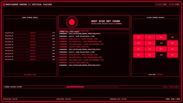 Boot Disk Not Found Critical System Failure Screen.