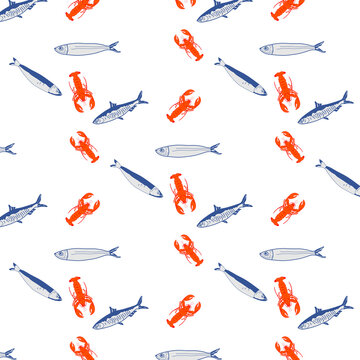 Seamless pattern with watercolor lobster shrimp and seafood collection isolated on white background