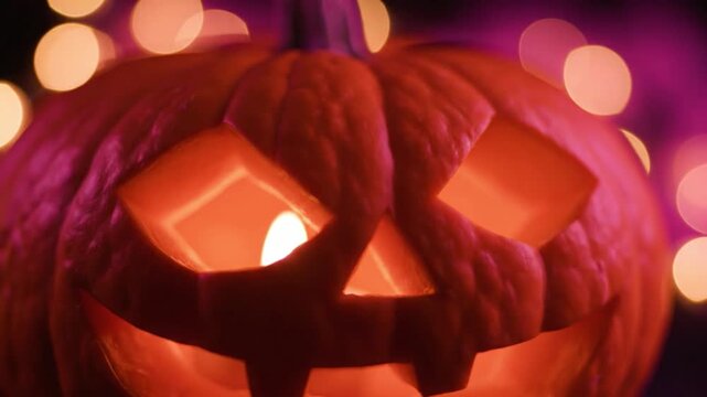 Extreme Close Up of Carved Pumpkin Texture with Candlelight Glow
