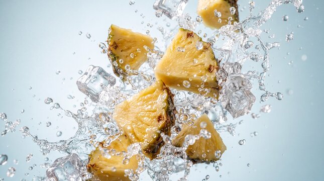 Fresh pineapple pieces splash with ice cubes and water, creating refreshing tropical scene perfect for summer drinks or juice advertisements