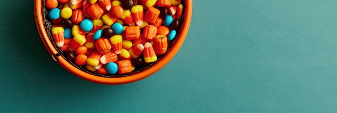 Halloween candy assortment inside orange plastic bucket, top down view on teal background. Seasonal festive treat collection for trick or treat events