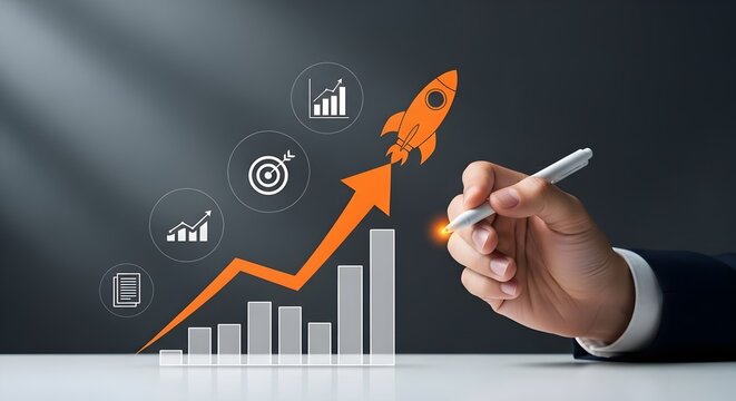 Business startup growth concept. Hand drawing rising arrow and rocket launch on growth chart with target and document icons. Financial success and corporate strategy development.